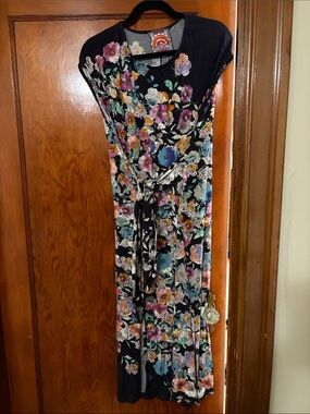 Johnny Was Navy Blue Floral Midi Dress Tie and Multicolor Blooms